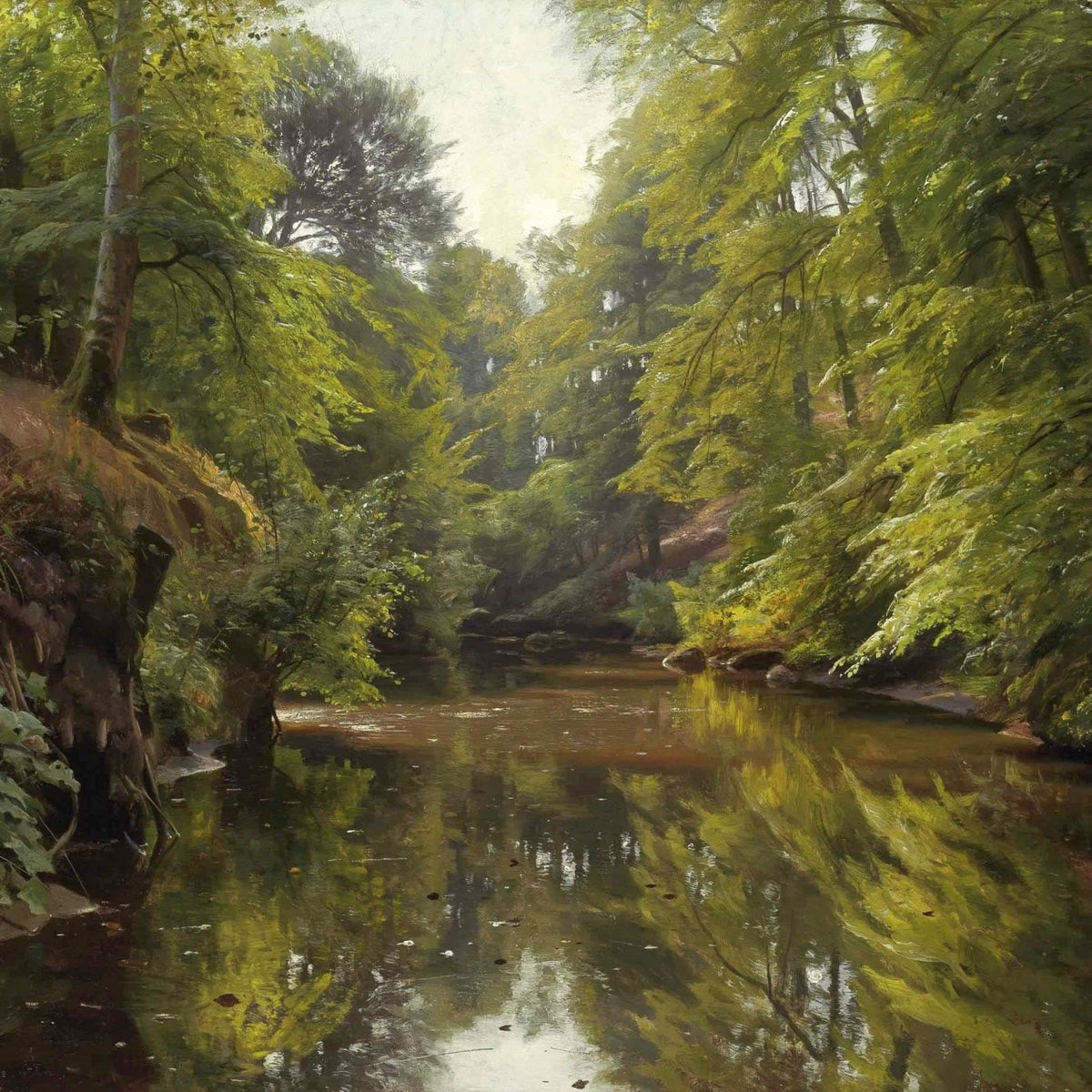 Forest Stream with Reflections – Hand - Painted Landscape Oil Painting - Oil Painting Haven