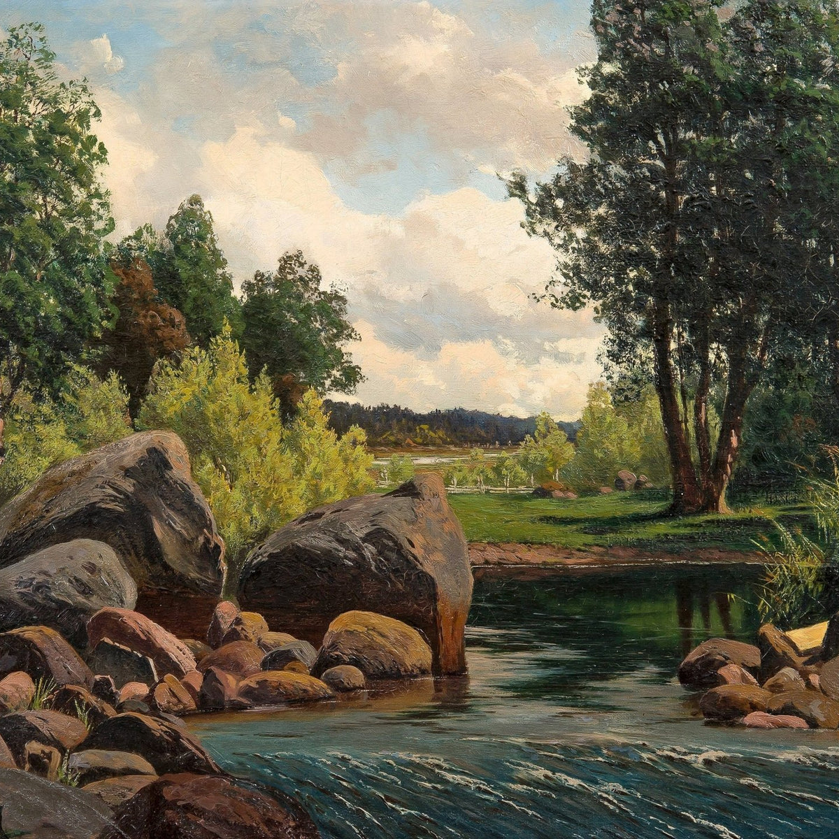Forest Stream with Rocks and Summer Light – Landscape Oil Painting - Oil Painting Haven