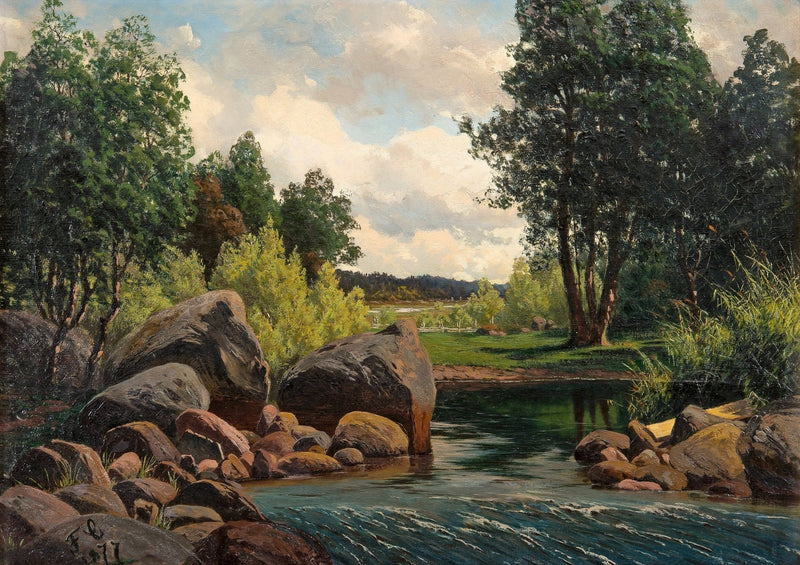 Forest Stream with Rocks and Summer Light – Landscape Oil Painting - Oil Painting Haven