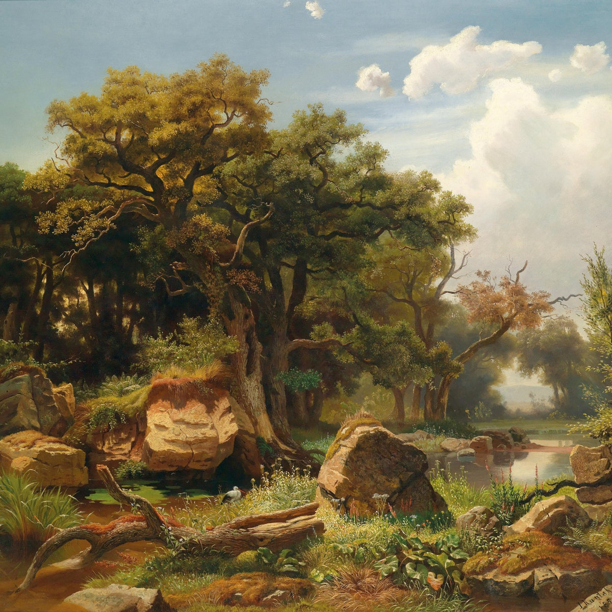 Forest Stream with Sunlit Oaks | Hand - Painted Landscape Oil Painting - Oil Painting Haven