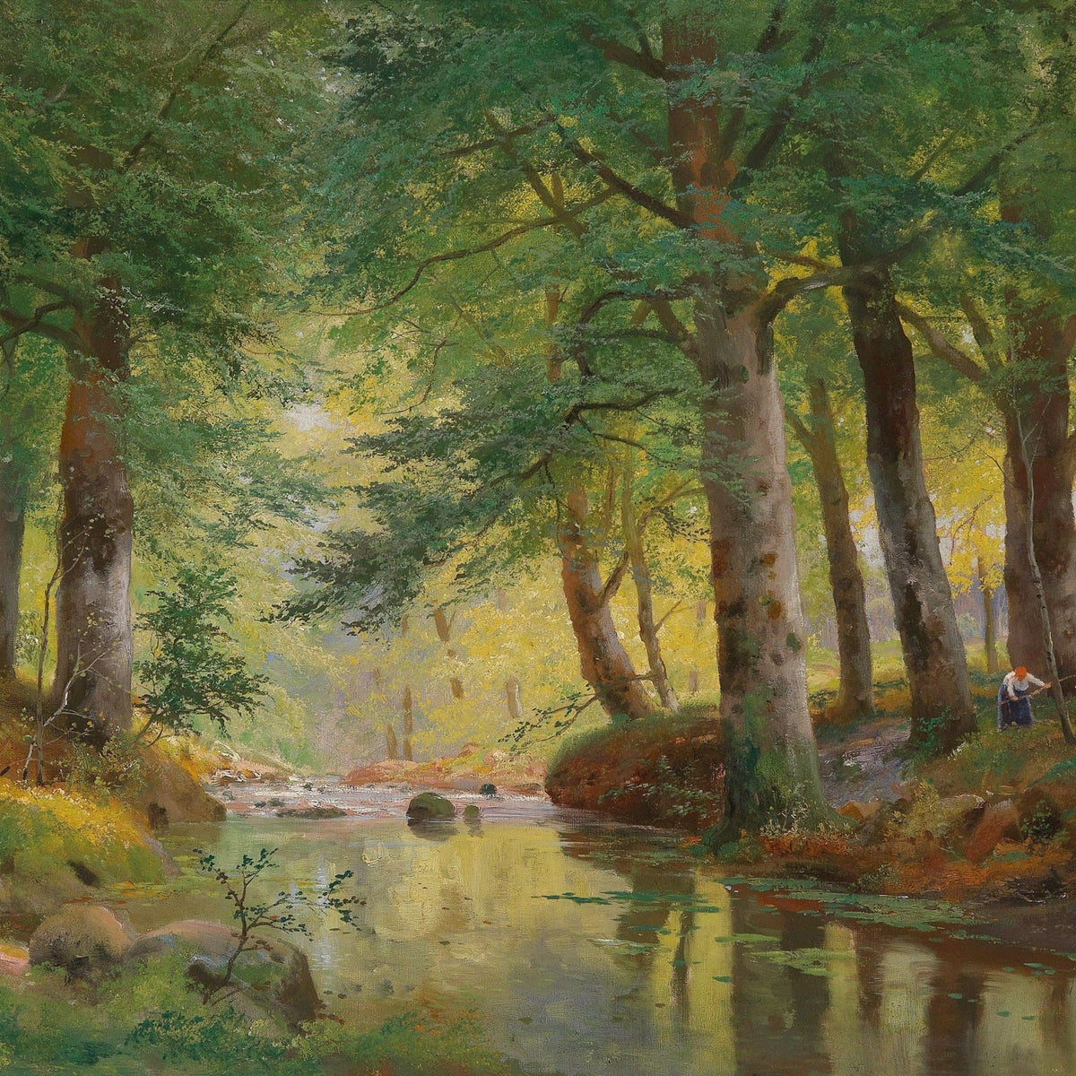 Forest Stream with Tall Trees and Reflections – Landscape Oil Painting - Oil Painting Haven