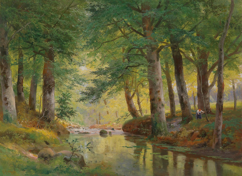 Forest Stream with Tall Trees and Reflections – Landscape Oil Painting - Oil Painting Haven