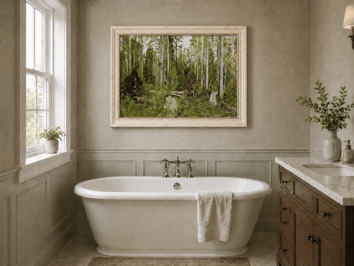 Framed hand-painted forest floor oil painting with tree stumps, ferns and slender birches displayed above a freestanding bathtub.