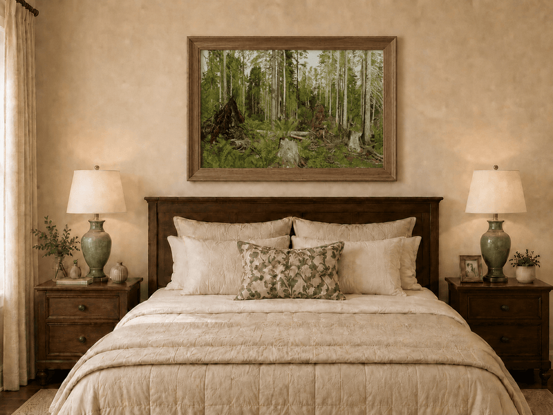 Framed hand-painted forest floor oil painting with tree stumps, ferns and slender birches displayed above a wooden bed in a neutral bedroom.