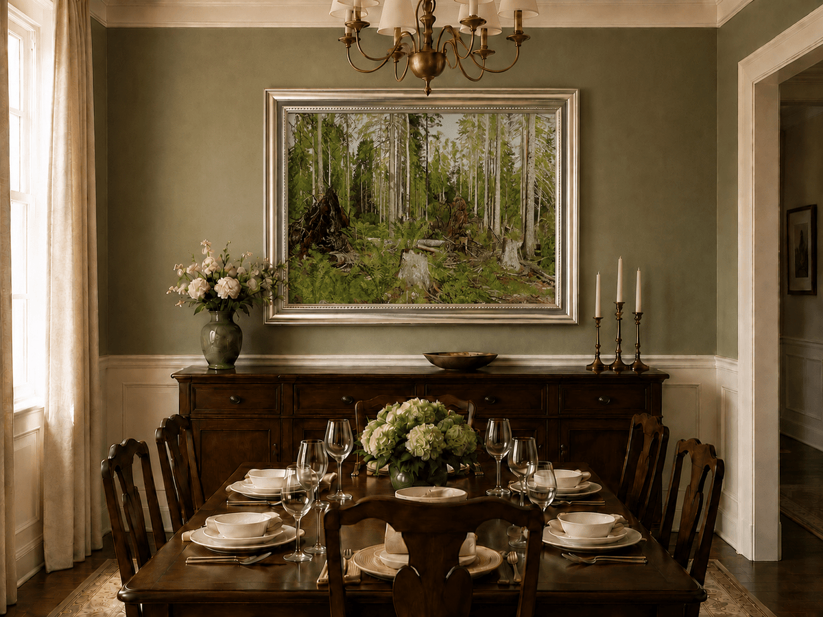 Framed hand-painted forest floor oil painting with tree stumps, ferns and slender birches displayed above a formal dining table.
