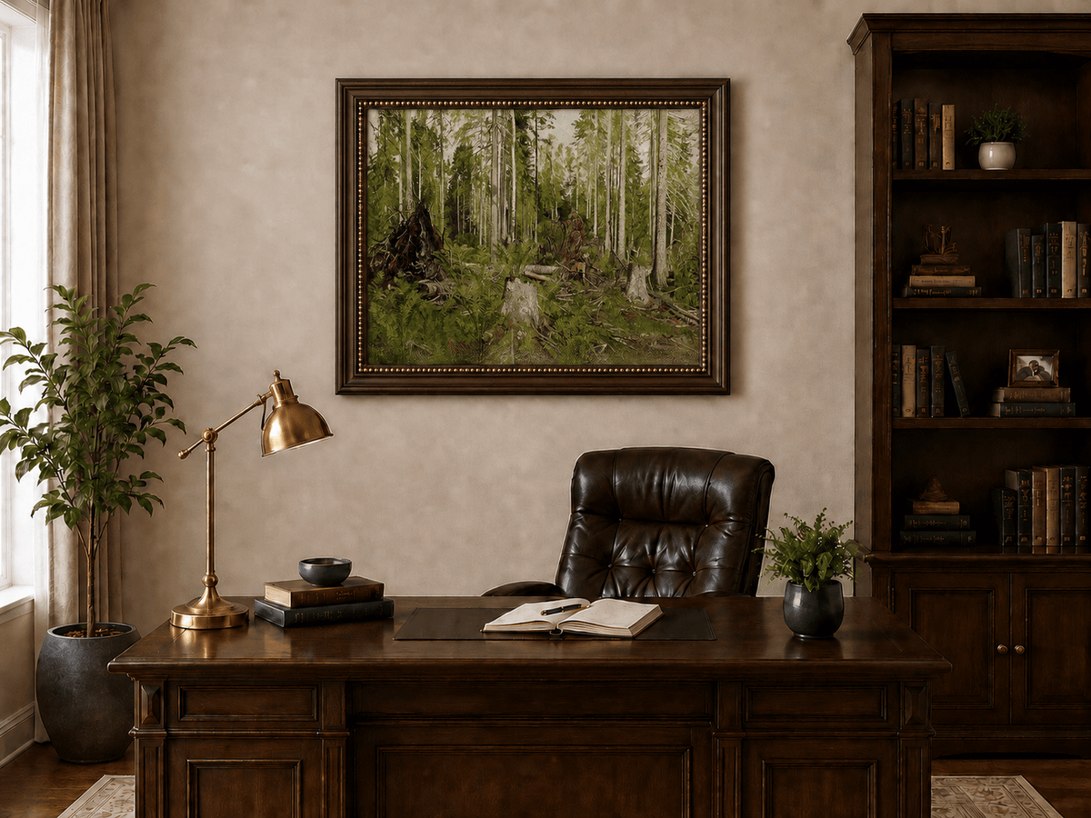 Framed hand-painted forest floor oil painting with tree stumps, ferns and slender birches displayed above a traditional home office desk.