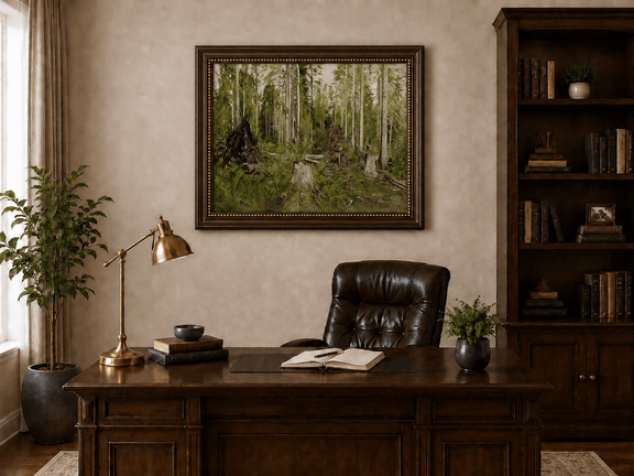 Framed hand-painted forest floor oil painting with tree stumps, ferns and slender birches displayed above a traditional home office desk.