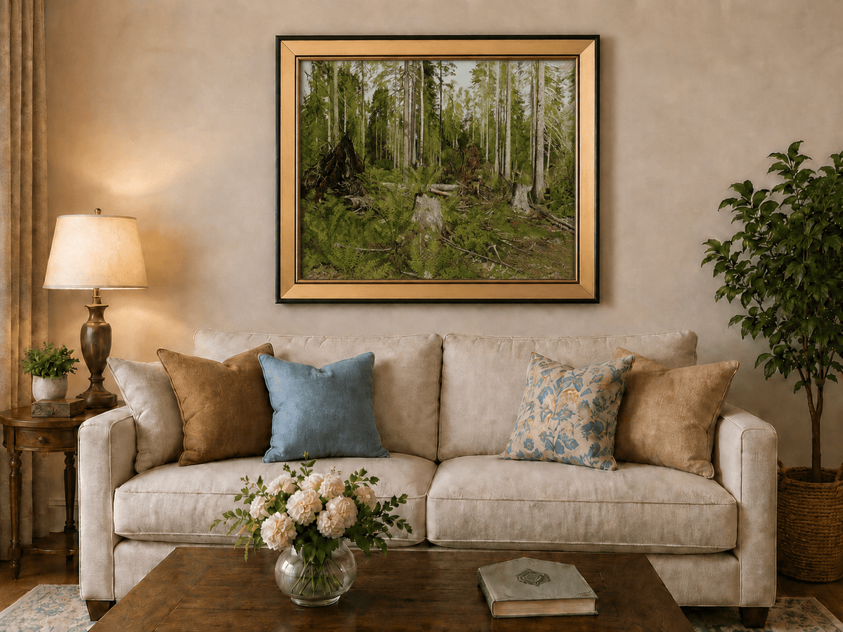 Framed hand-painted forest floor oil painting with tree stumps, ferns and slender birches displayed above a neutral living room sofa.