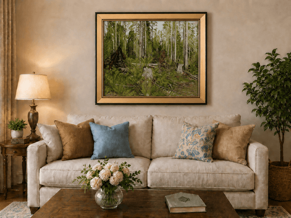 Framed hand-painted forest floor oil painting with tree stumps, ferns and slender birches displayed above a neutral living room sofa.