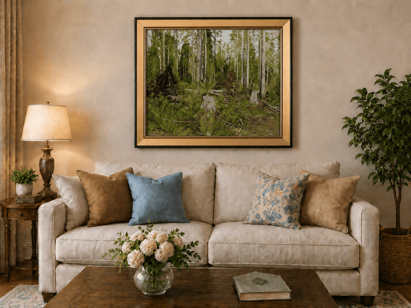 Framed hand-painted forest floor oil painting with tree stumps, ferns and slender birches displayed above a neutral living room sofa.