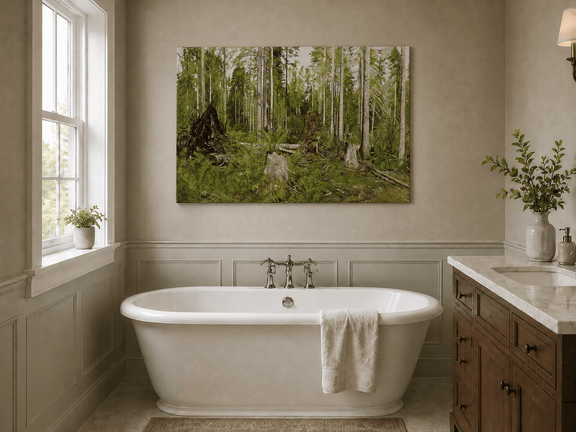 Unframed hand-painted forest floor oil painting with tree stumps, ferns and slender birches displayed above a freestanding bathtub.