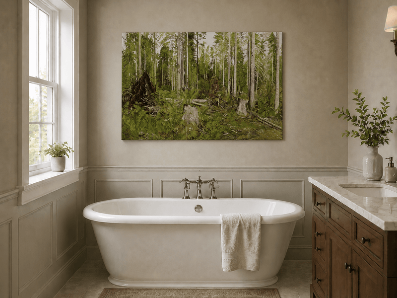 Unframed hand-painted forest floor oil painting with tree stumps, ferns and slender birches displayed above a freestanding bathtub.