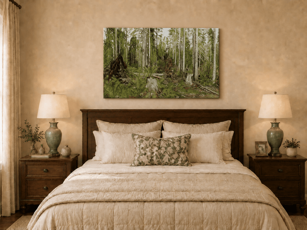 Unframed hand-painted forest floor oil painting with tree stumps, ferns and slender birches displayed above a wooden bed in a neutral bedroom.