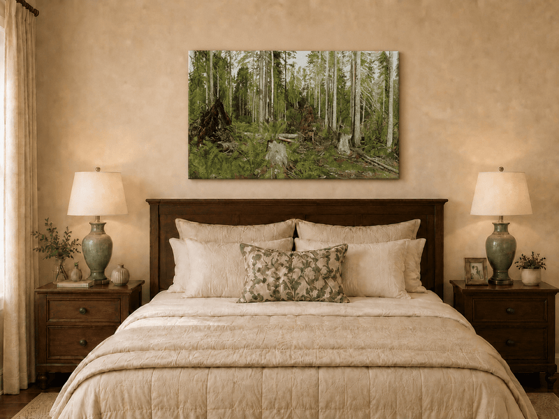 Unframed hand-painted forest floor oil painting with tree stumps, ferns and slender birches displayed above a wooden bed in a neutral bedroom.