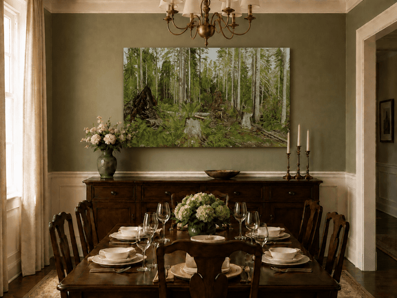 Unframed hand-painted forest floor oil painting with tree stumps, ferns and slender birches displayed above a formal dining table.