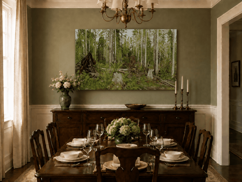 Unframed hand-painted forest floor oil painting with tree stumps, ferns and slender birches displayed above a formal dining table.