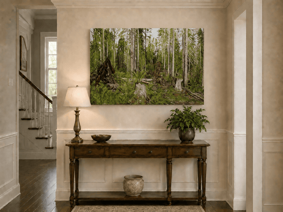 Unframed hand-painted forest floor oil painting with tree stumps, ferns and slender birches displayed above an entryway console table.