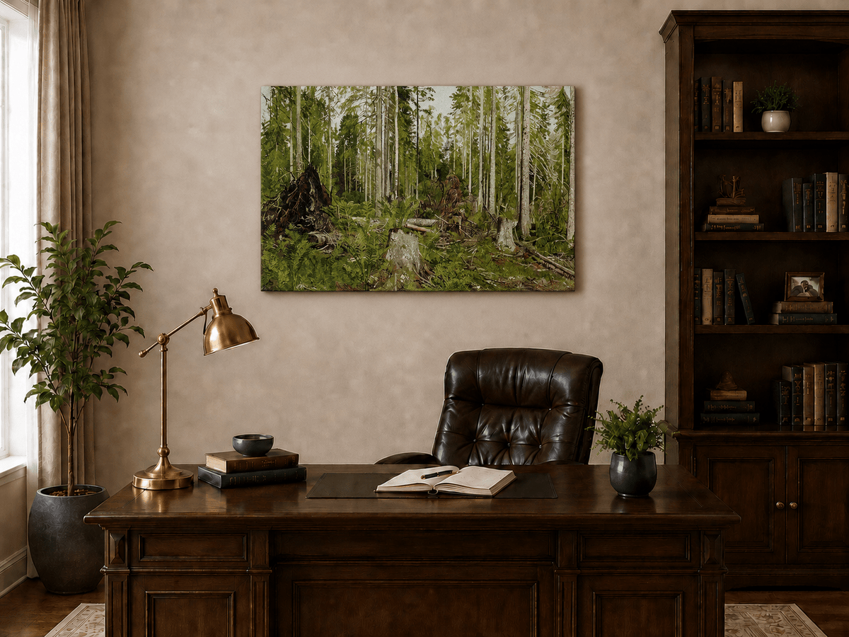 Unframed hand-painted forest floor oil painting with tree stumps, ferns and slender birches displayed above a traditional home office desk.