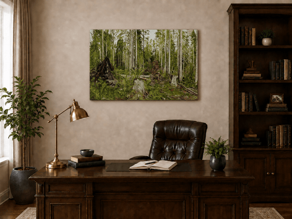 Unframed hand-painted forest floor oil painting with tree stumps, ferns and slender birches displayed above a traditional home office desk.