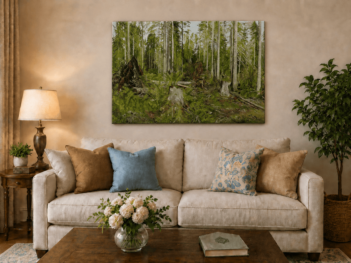 Unframed hand-painted forest floor oil painting with tree stumps, ferns and slender birches displayed above a neutral living room sofa.