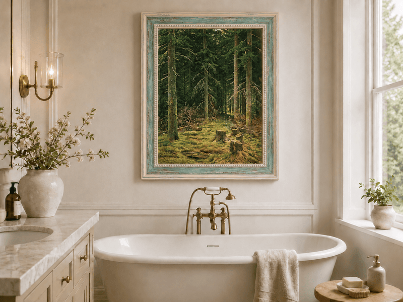 Framed hand-painted evergreen forest oil painting with tree stumps and mossy ground displayed above a freestanding bathtub.