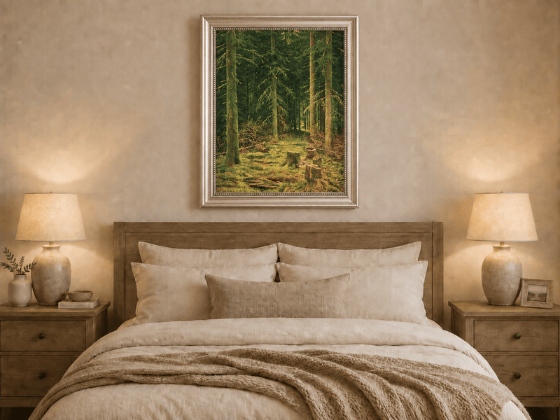 Framed hand-painted evergreen forest oil painting with tree stumps and mossy ground displayed above a wooden bed in a neutral bedroom.