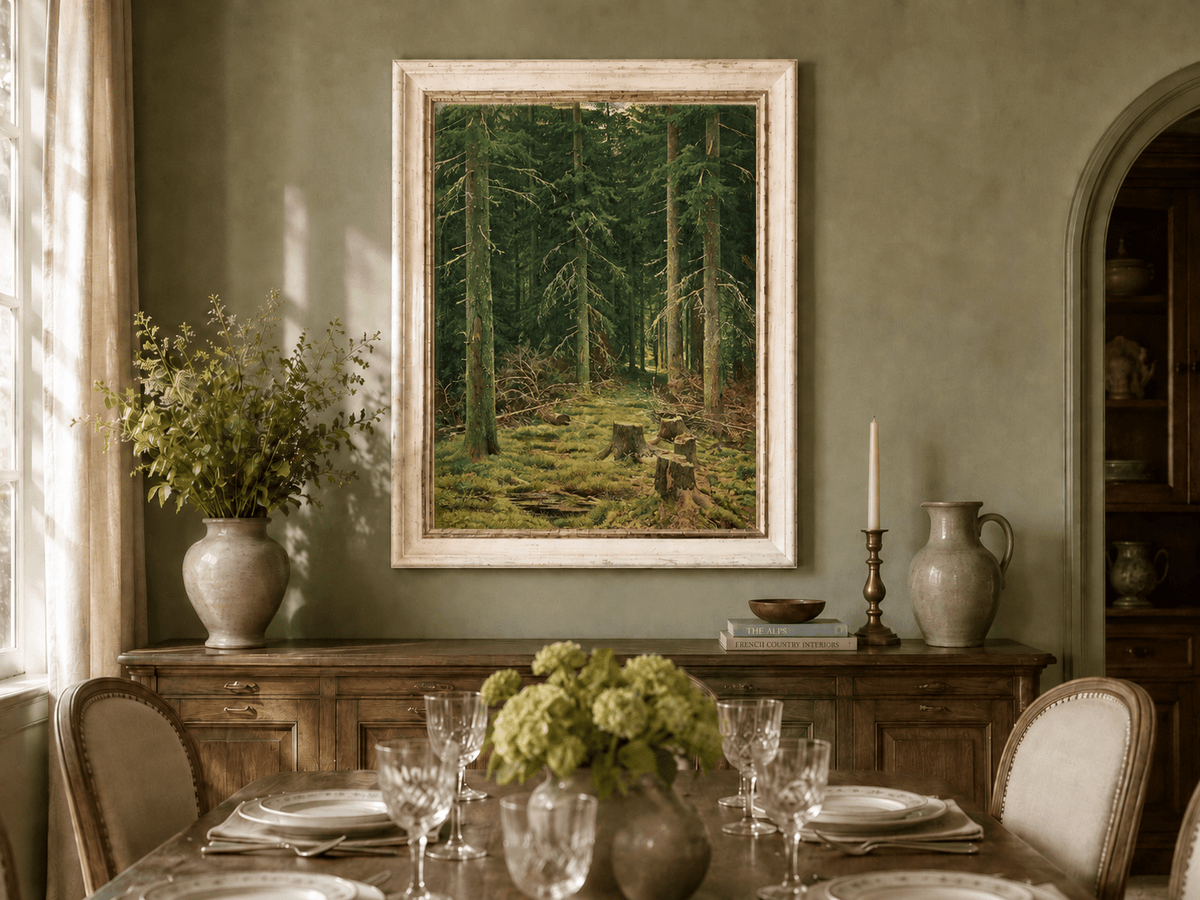 Framed hand-painted evergreen forest oil painting with tree stumps and mossy ground displayed above a formal dining table.