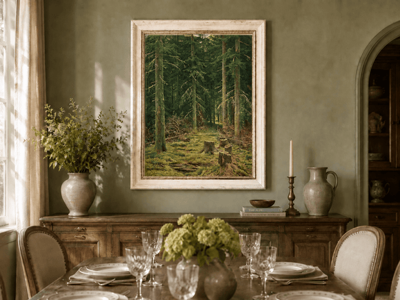 Framed hand-painted evergreen forest oil painting with tree stumps and mossy ground displayed above a formal dining table.