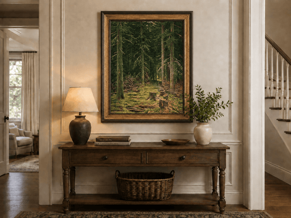 Framed hand-painted evergreen forest oil painting with tree stumps and mossy ground displayed above an entryway console table.
