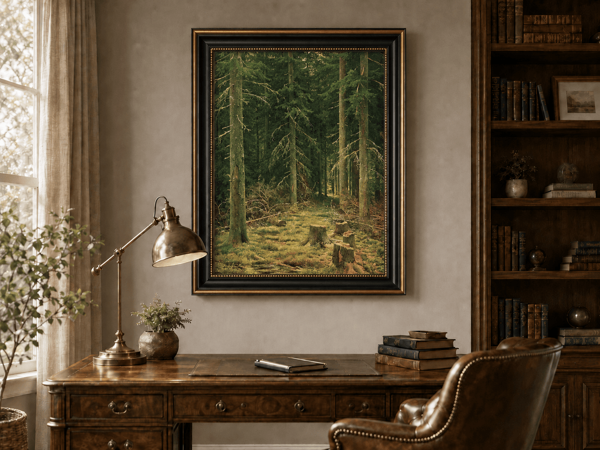 Framed hand-painted evergreen forest oil painting with tree stumps and mossy ground displayed above a traditional home office desk.