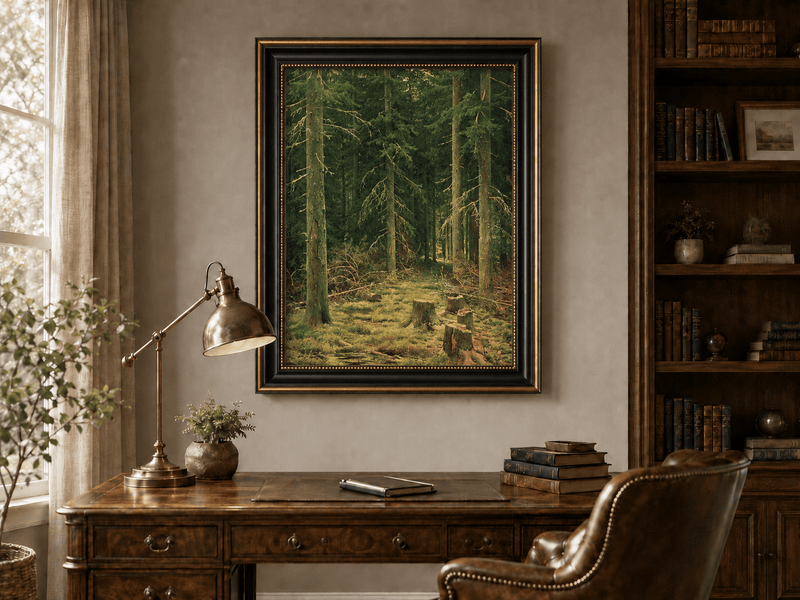 Framed hand-painted evergreen forest oil painting with tree stumps and mossy ground displayed above a traditional home office desk.