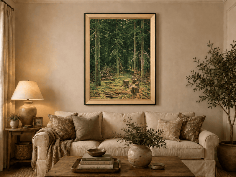 Framed hand-painted evergreen forest oil painting with tree stumps and mossy ground displayed above a neutral living room sofa.