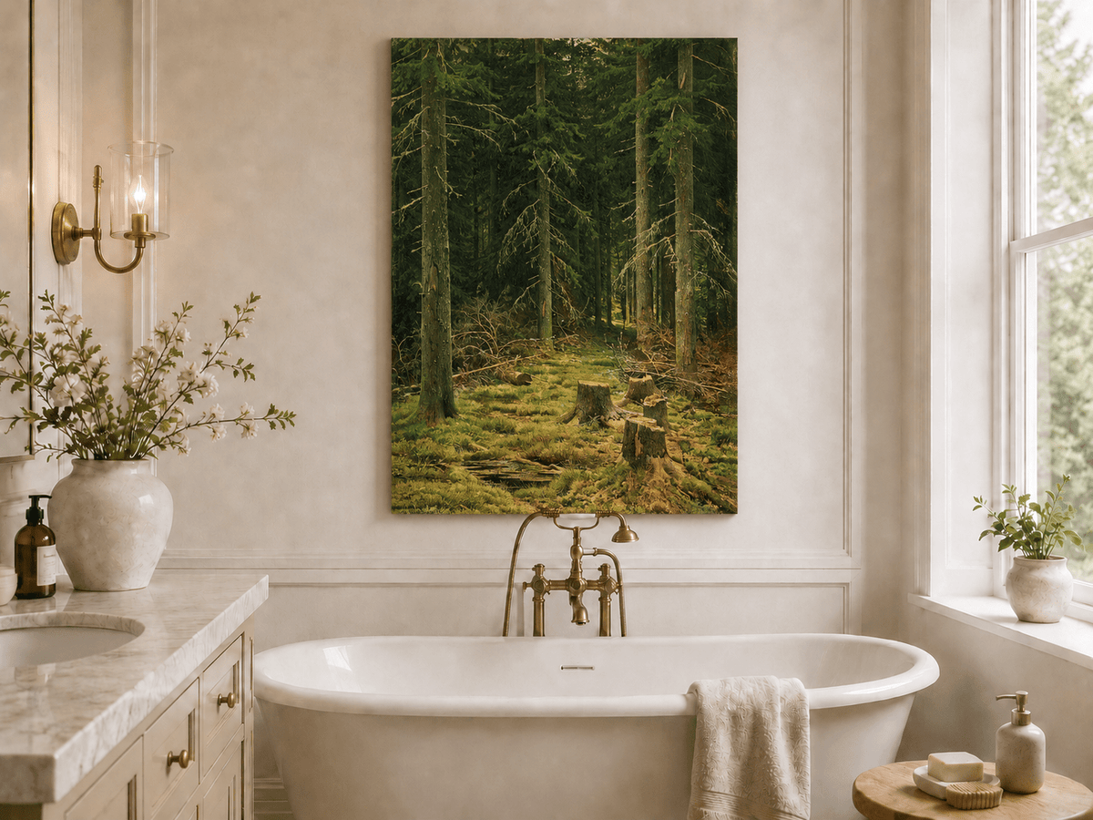 Unframed hand-painted evergreen forest oil painting with tree stumps and mossy ground displayed above a freestanding bathtub.