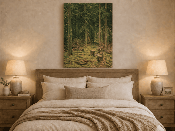 Unframed hand-painted evergreen forest oil painting with tree stumps and mossy ground displayed above a wooden bed in a neutral bedroom.