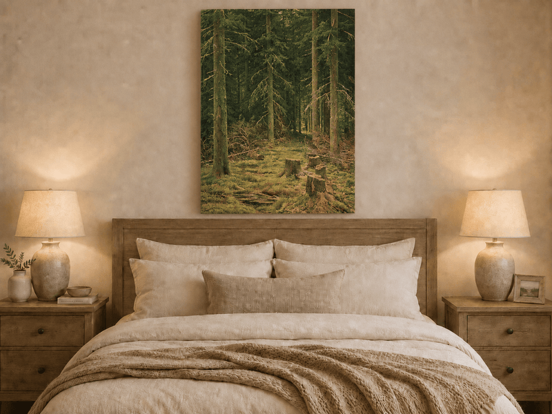 Unframed hand-painted evergreen forest oil painting with tree stumps and mossy ground displayed above a wooden bed in a neutral bedroom.