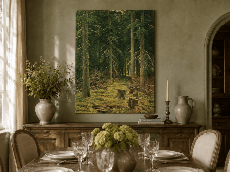 Unframed hand-painted evergreen forest oil painting with tree stumps and mossy ground displayed above a formal dining table.