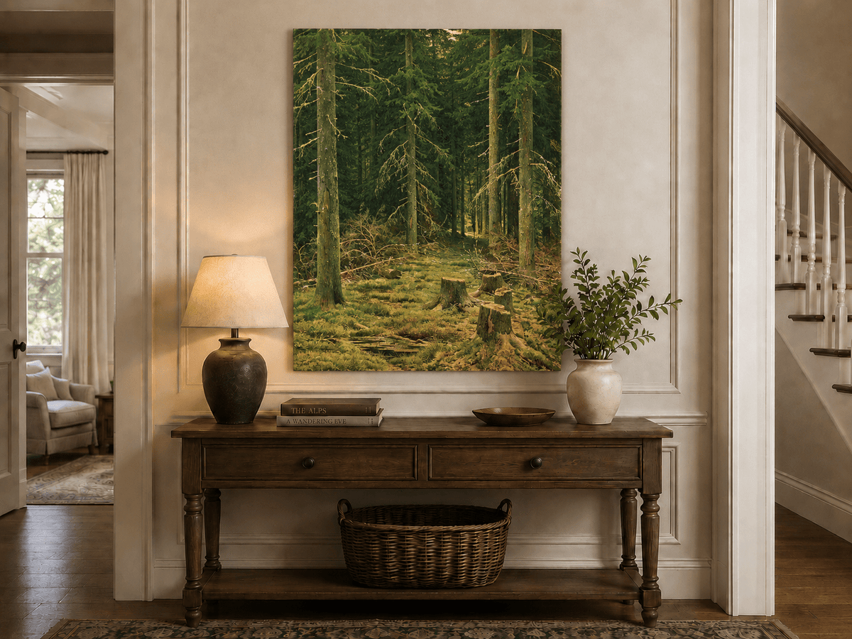 Unframed hand-painted evergreen forest oil painting with tree stumps and mossy ground displayed above an entryway console table.