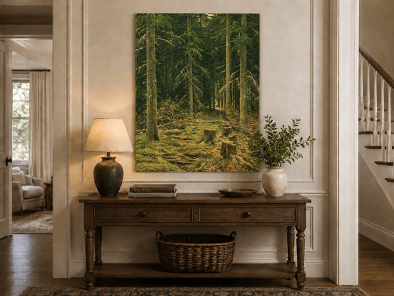 Unframed hand-painted evergreen forest oil painting with tree stumps and mossy ground displayed above an entryway console table.