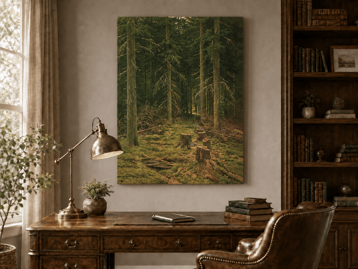 Unframed hand-painted evergreen forest oil painting with tree stumps and mossy ground displayed above a traditional home office desk.
