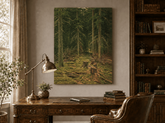 Unframed hand-painted evergreen forest oil painting with tree stumps and mossy ground displayed above a traditional home office desk.