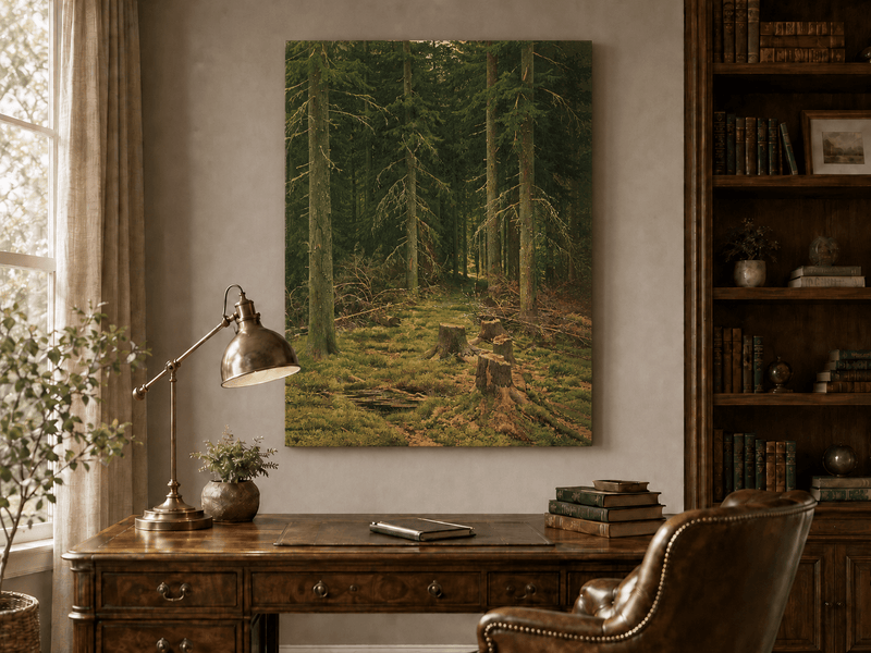 Unframed hand-painted evergreen forest oil painting with tree stumps and mossy ground displayed above a traditional home office desk.