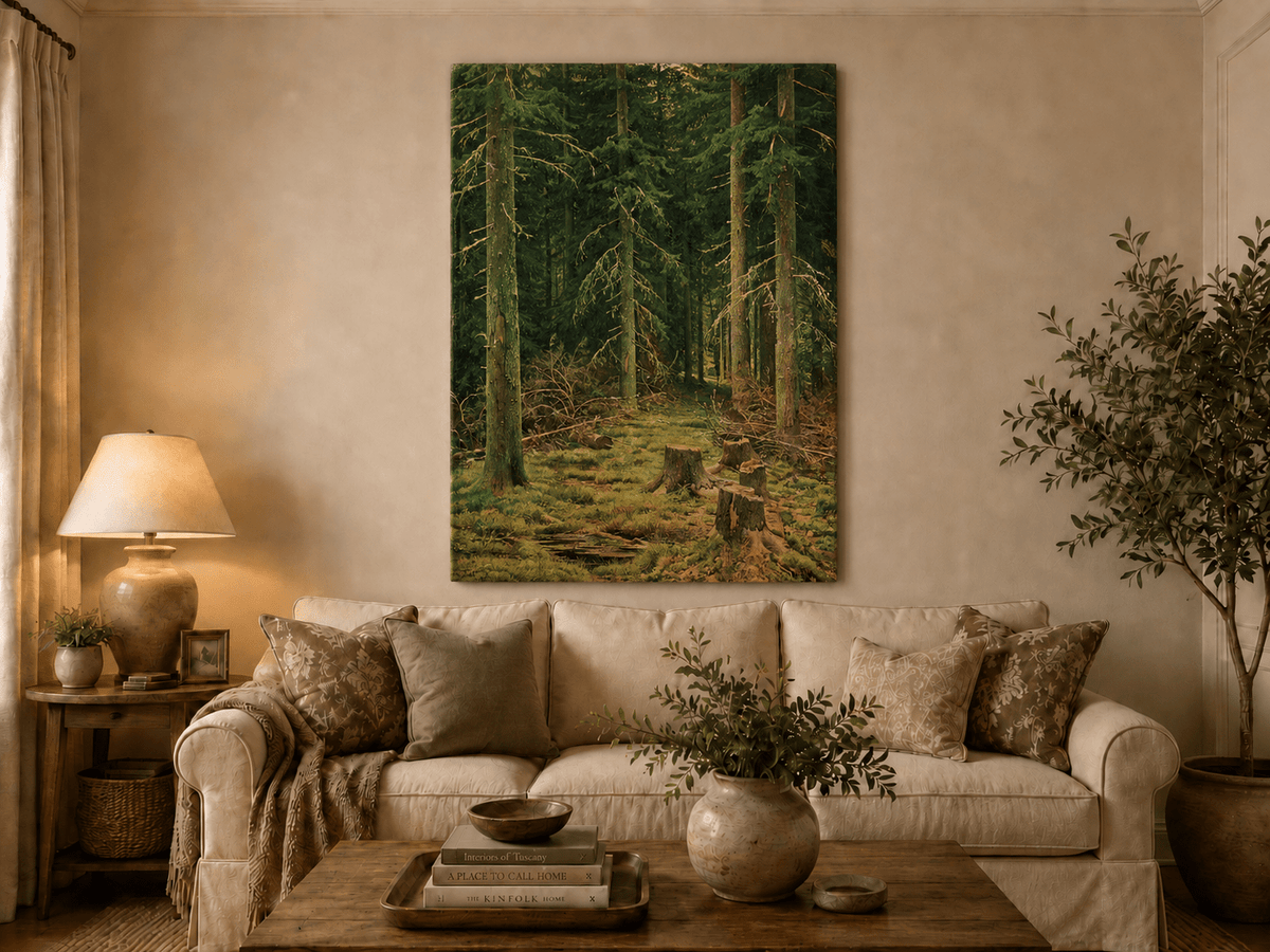 Unframed hand-painted evergreen forest oil painting with tree stumps and mossy ground displayed above a neutral living room sofa.