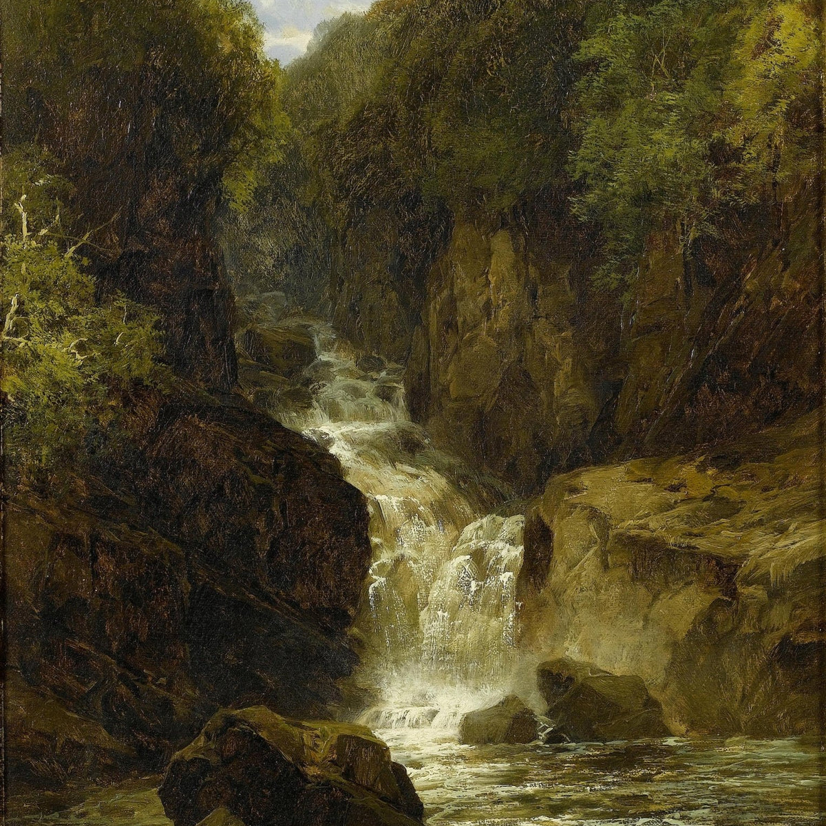 Hand-painted forest waterfall and rocky gorge landscape oil painting on canvas
