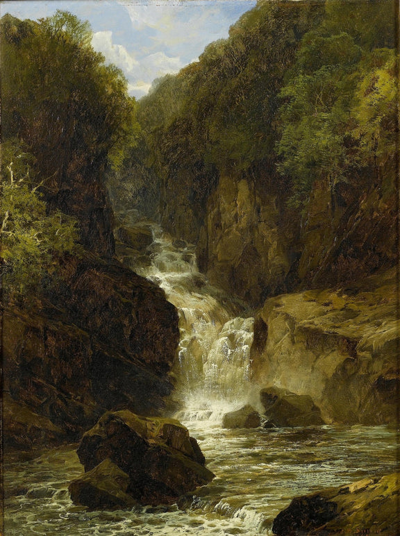 Hand-painted forest waterfall and rocky gorge landscape oil painting on canvas