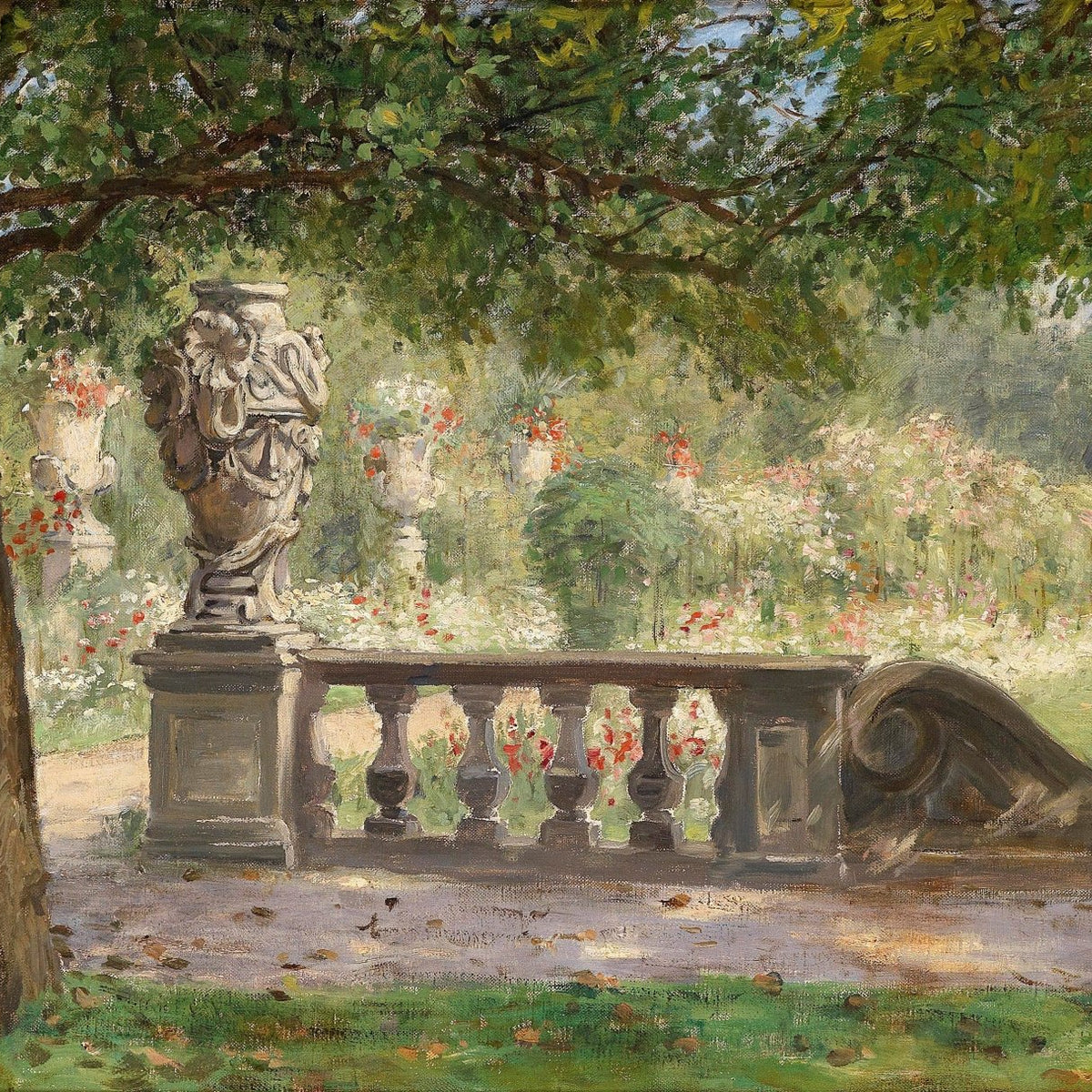 Formal Garden, Stone Balustrade, Flowers – Landscape Oil Painting - Oil Painting Haven