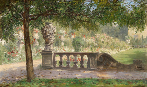 Formal Garden, Stone Balustrade, Flowers – Landscape Oil Painting - Oil Painting Haven