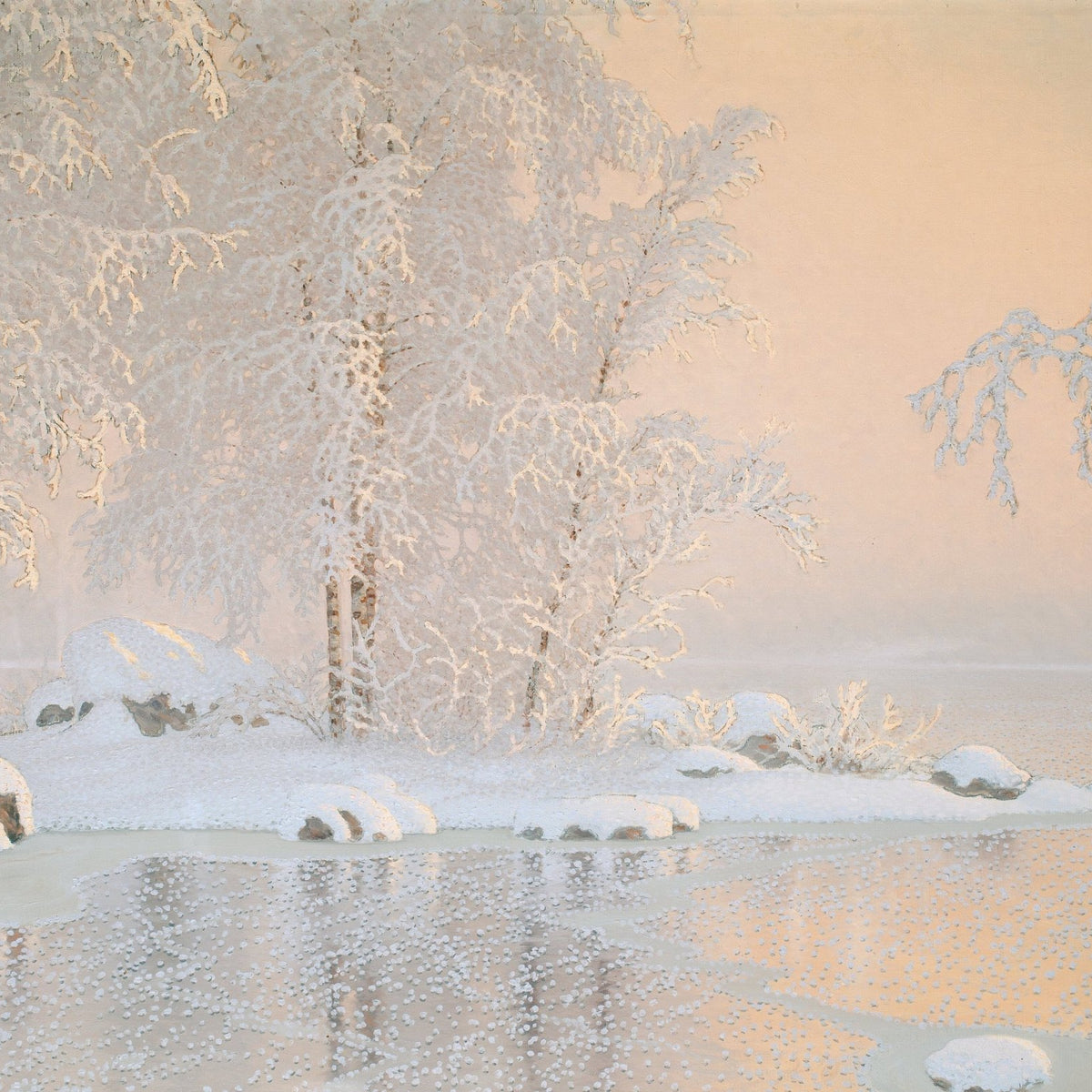 Frosted Winter Lakeside – Hand - Painted Landscape Oil Painting - Oil Painting Haven