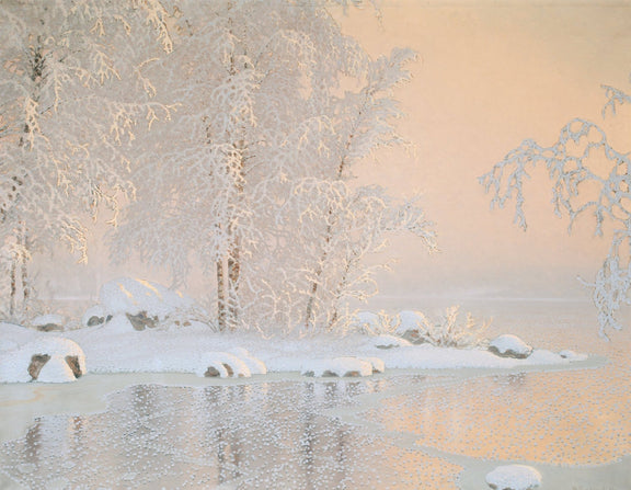 Frosted Winter Lakeside – Hand - Painted Landscape Oil Painting - Oil Painting Haven