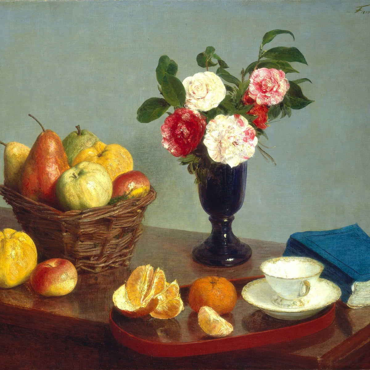 Fruit Basket and Flowers on Table - Still Life Oil Painting