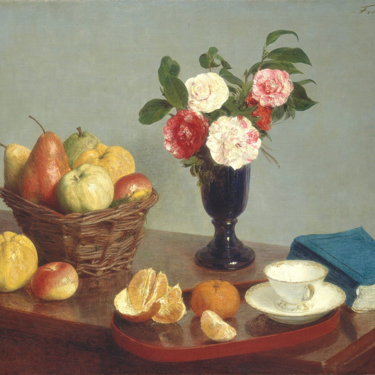 Fruit Basket and Flowers on Table - Still Life Oil Painting - Oil Painting Haven